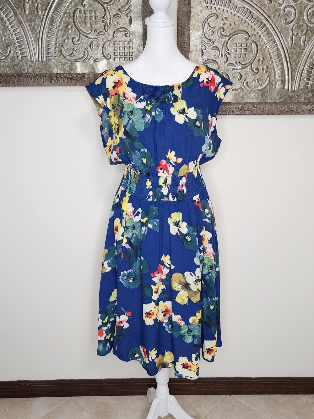 Maeve Anthropologie Blue Floral Smocked Lightweight Mini Dress Sm Summer Casual